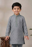 Grey Embroidered Linen Kurta Set For Boys