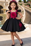 Girls Black Party Wear Frock with 3D Rose Applique Detailing