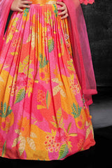 Pink Printed Lehenga Choli With Embroidered And Mirror Work For Girls