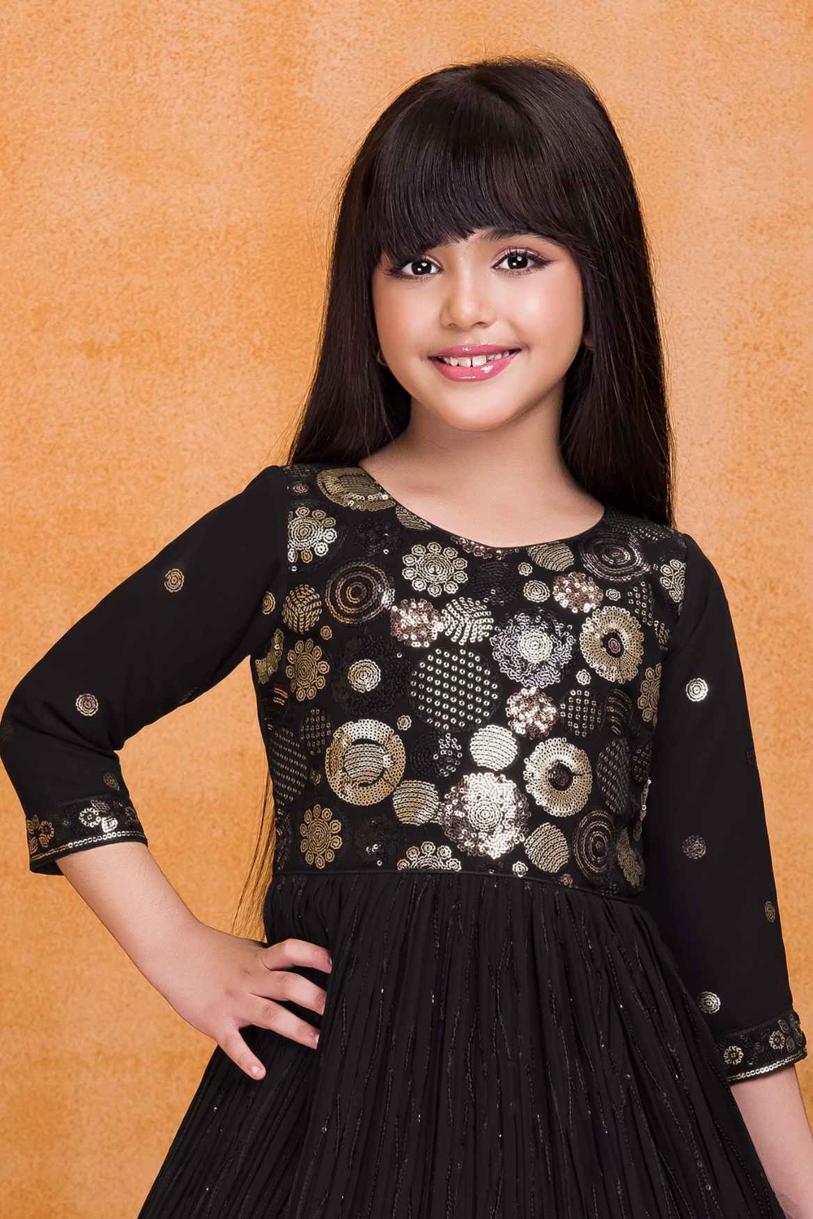 Classic Black Sequins Embroidered Ethnic Gown For Girls