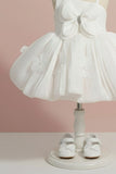 White Party Wear Frock with 3D Floral Appliqué and Bow Accent For Girls