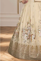 Beige Golden Sequin Embroidery With Overcoat Lehenga Choli For Girls