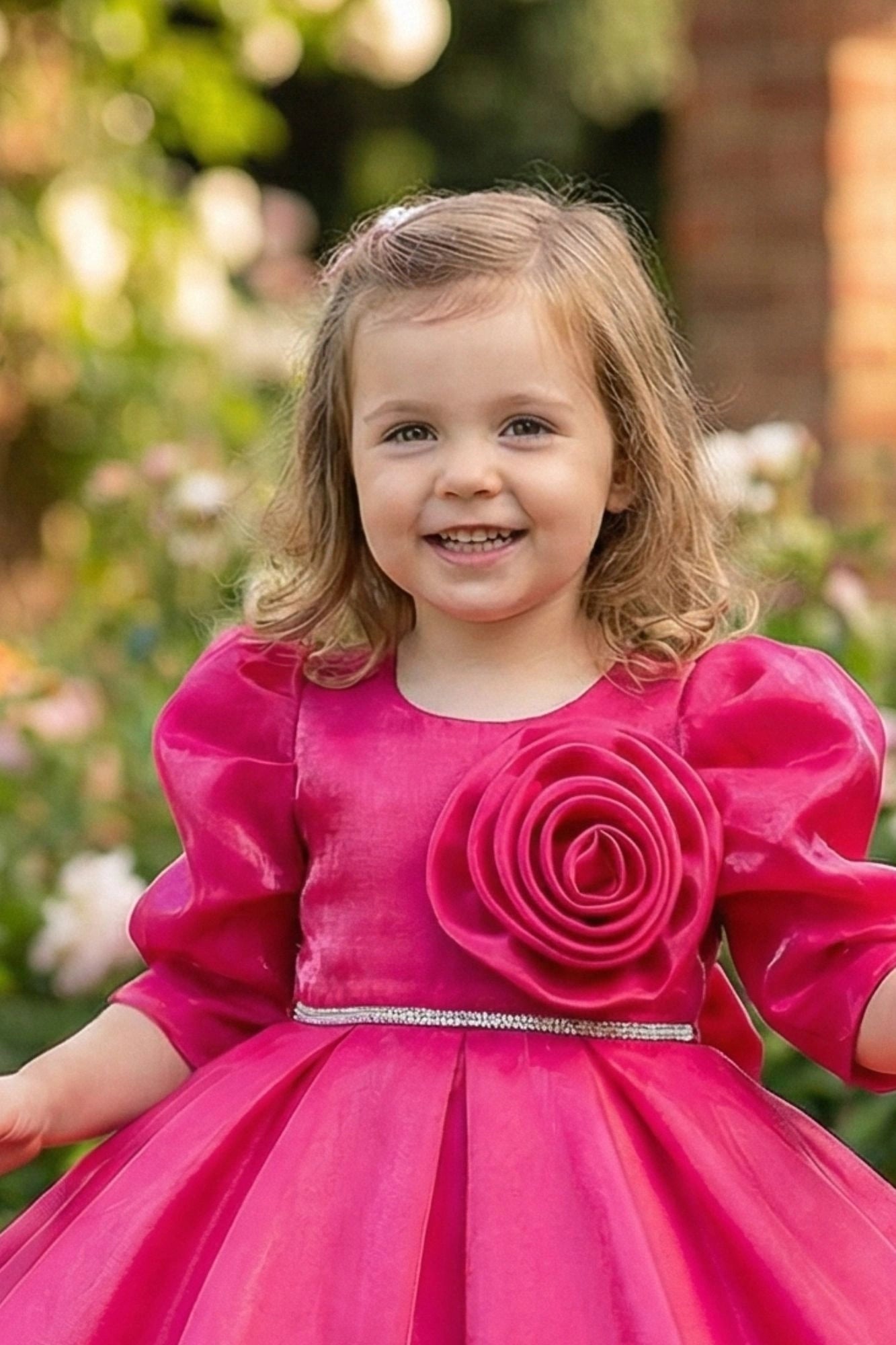 Pink Party Wear Frock with Puffy Sleeves & Statement Rose Appliqué For Girls
