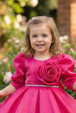 Pink Party Wear Frock with Puffy Sleeves & Statement Rose Appliqué For Girls
