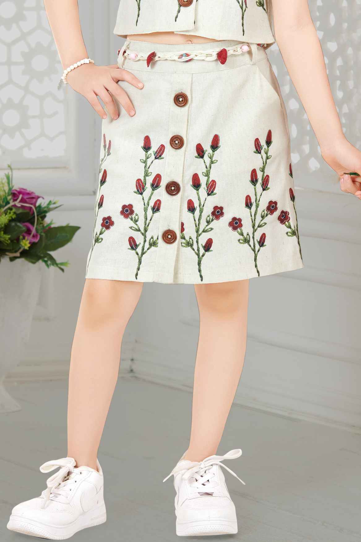 Off White Floral Embroidered Shirt And Skirt Set for Girls