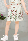 Off White Floral Embroidered Shirt And Skirt Set for Girls