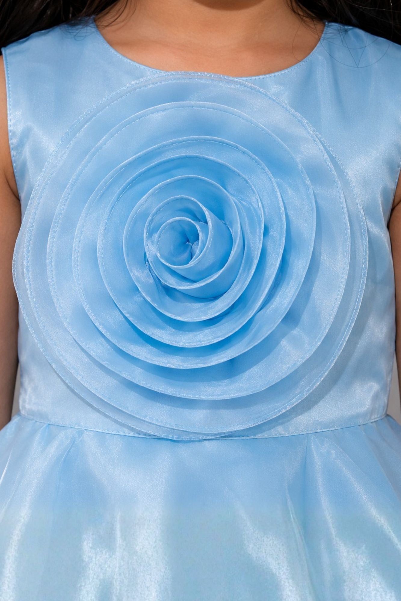 Sky Blue Embellished Party Wear Frock with 3D Rose Appliqué For Girls