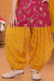 Rani Pink Kurti With Gold Patiala Suit Set For Girls