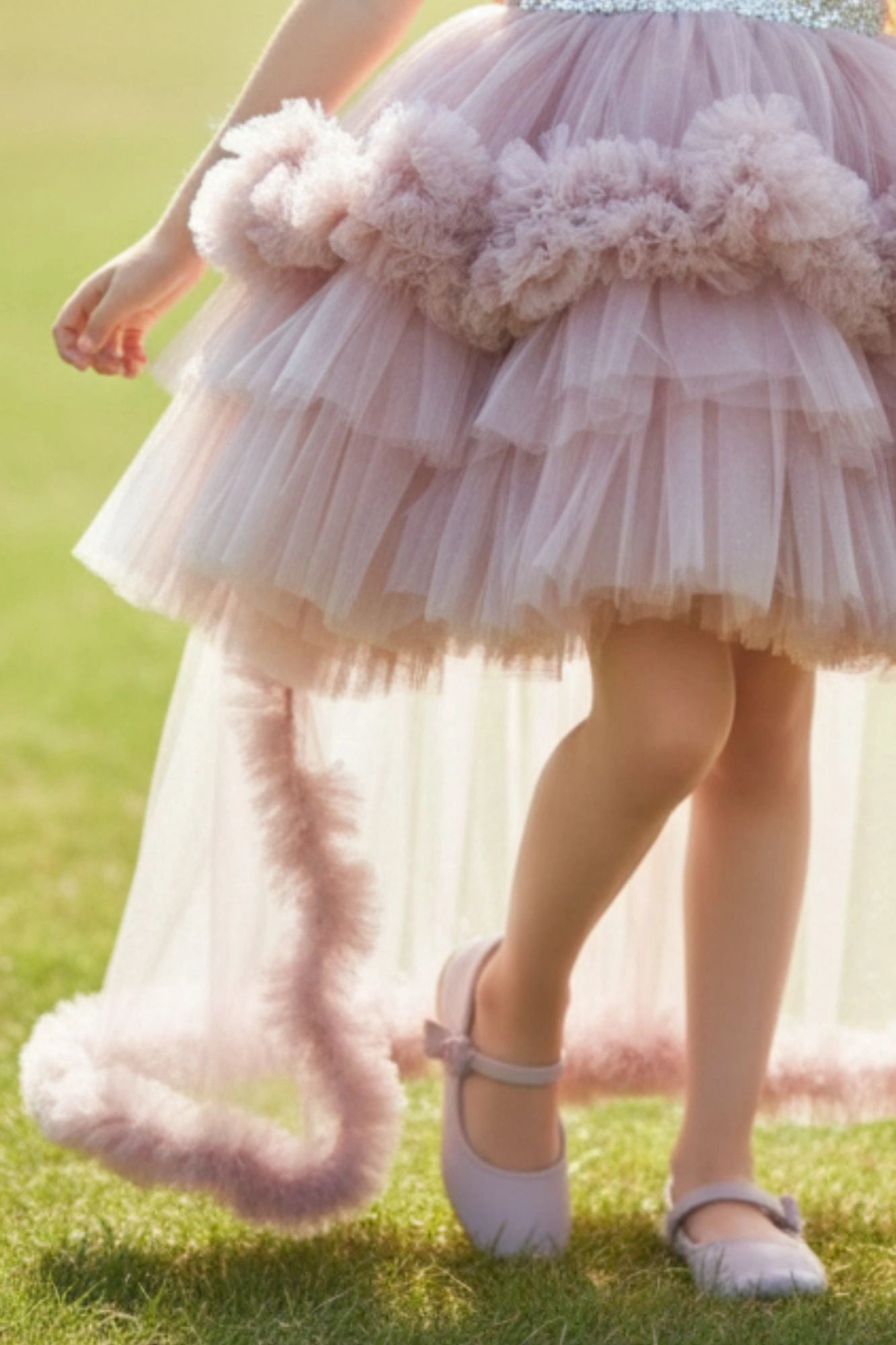 Onion Pink Ruffle Trail Party Gown with Sparkle Belt For Girls
