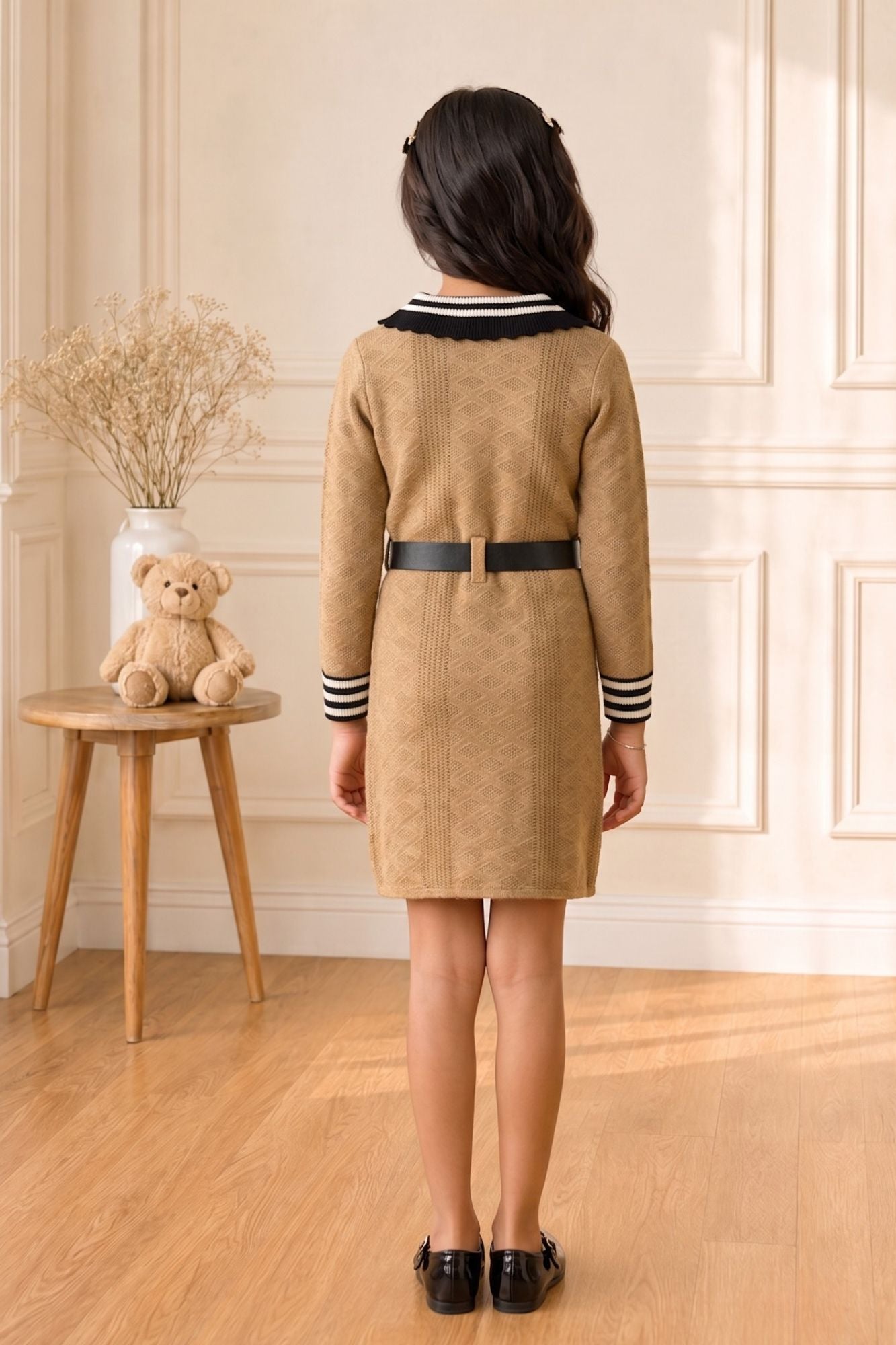 Beige Textured Knit Dress with Contrast Collar