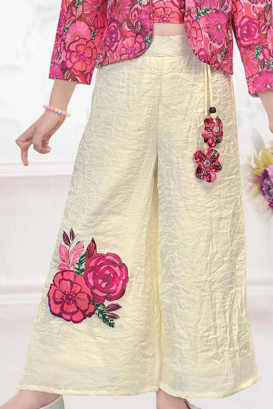 Pink and Cream Printed Set With Jacket For Girls