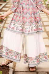 Cream Floral Printed Ethnic Sharara Set For Girls