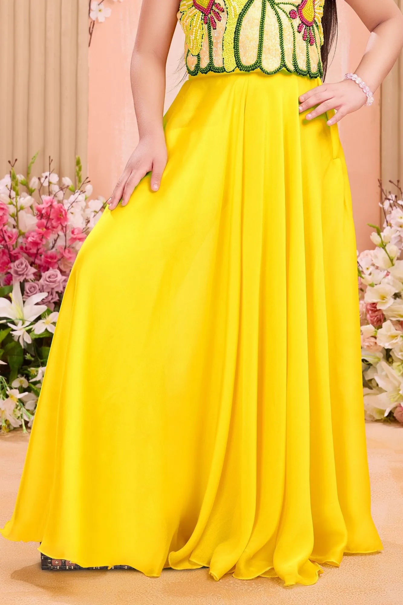 Bright Yellow Bead Embroidered Palazzo Set For Girls