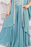 Blue Beads And Sequins Work Palazzo Set With Overcoat For Girls