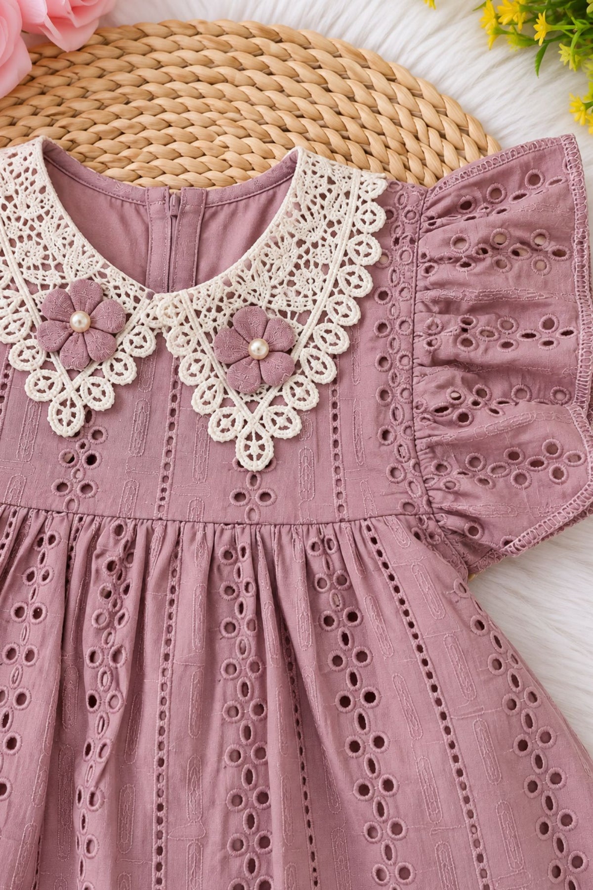 Girls Onion Pink Lace Collar Floral Applique Yoke Frock