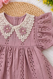 Girls Onion Pink Lace Collar Floral Applique Yoke Frock