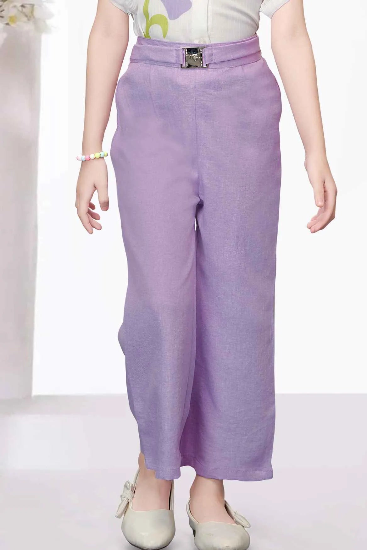 Purple Wide-Leg Pant With Floral Printed White Shirt For Girls