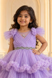 Lavender Layered Ruffle High-Low Party Wear Frock For Girls