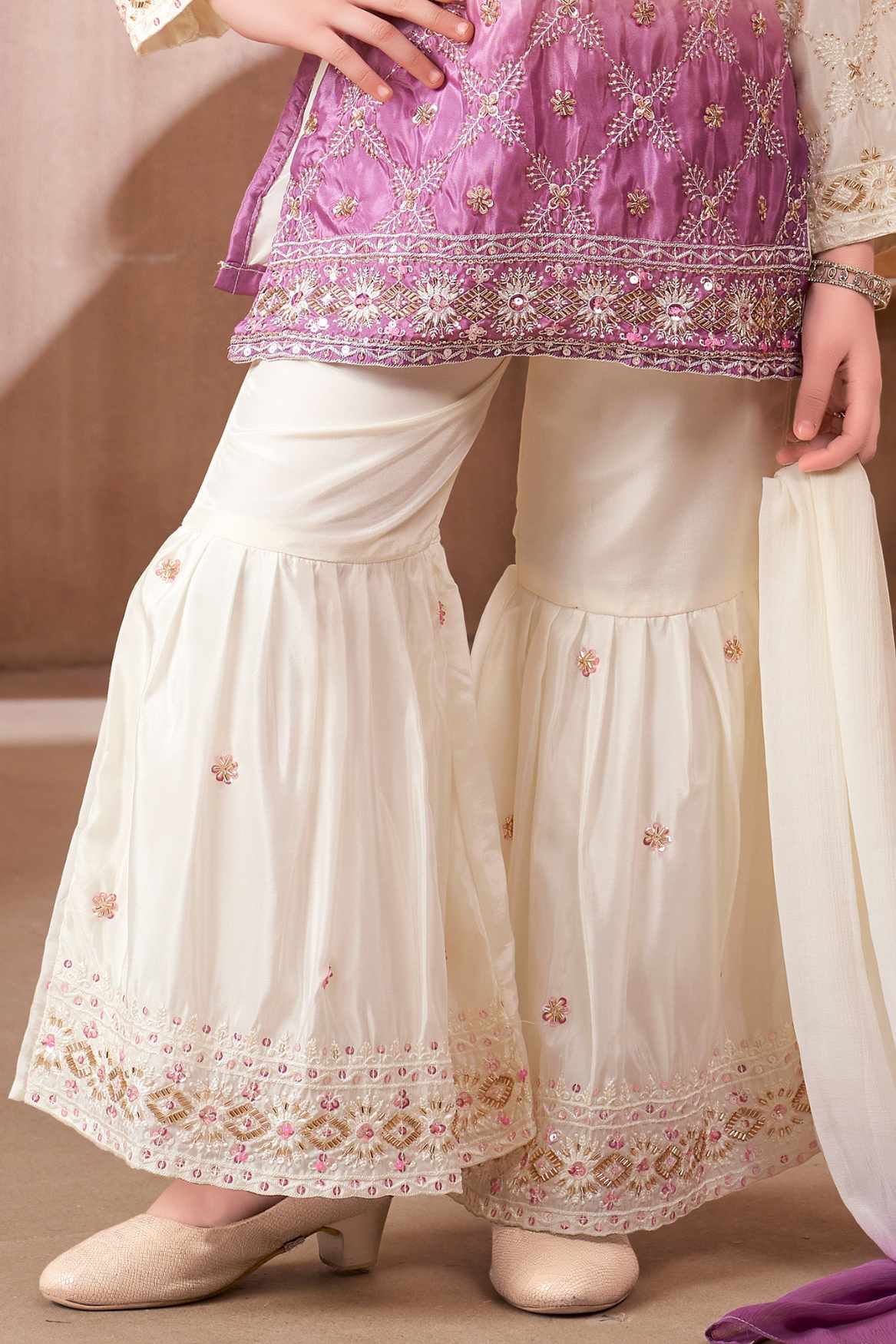 Ivory And Lavender Ombre Embroidered Kurti Sharara Set with Dupatta for Girls