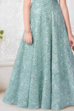 Embellished Aqua Blue Gown with Fancy Sleeves For Girls
