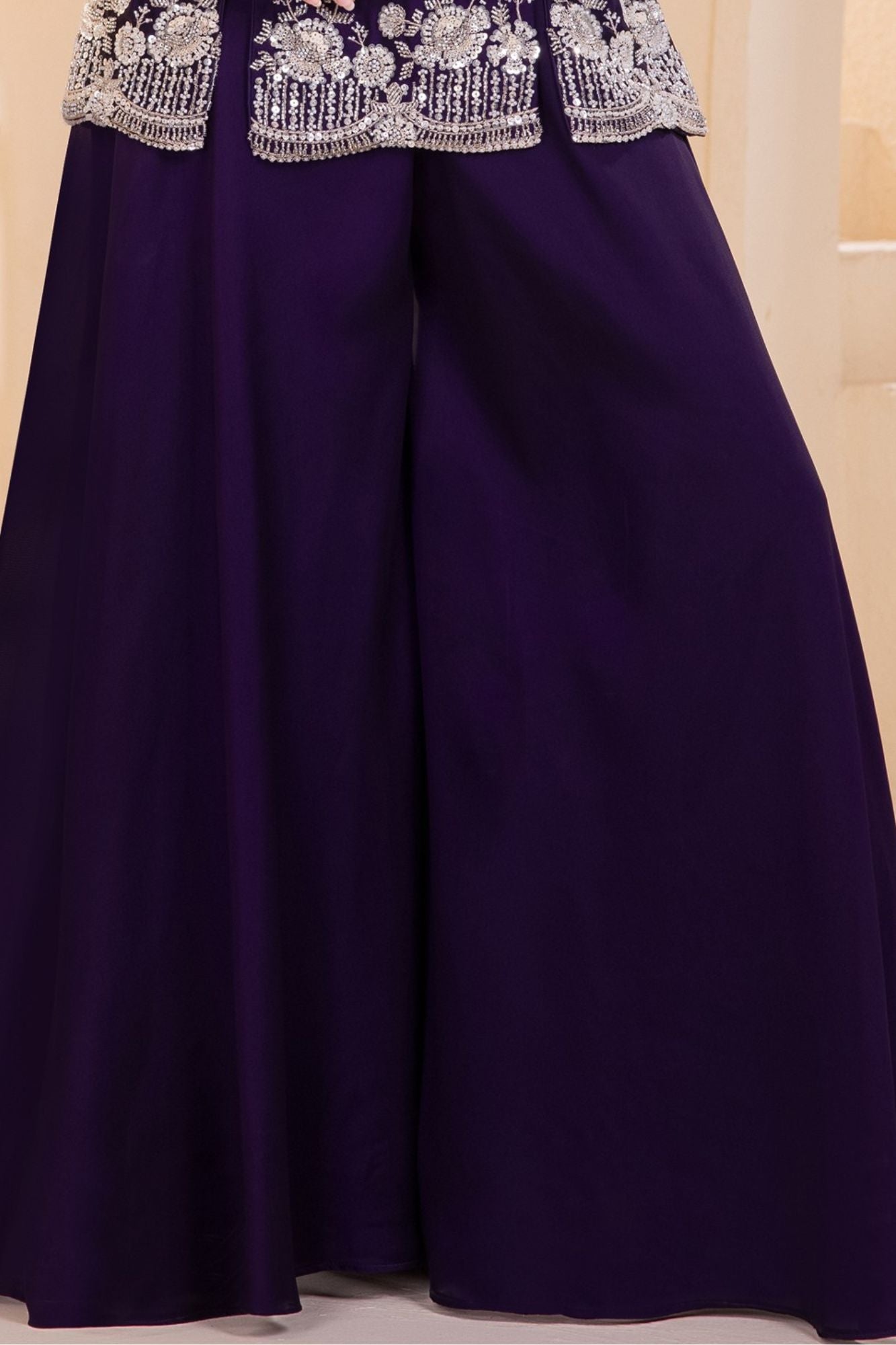 Royal Purple Embroidered Georgette Palazzo Set For Girls