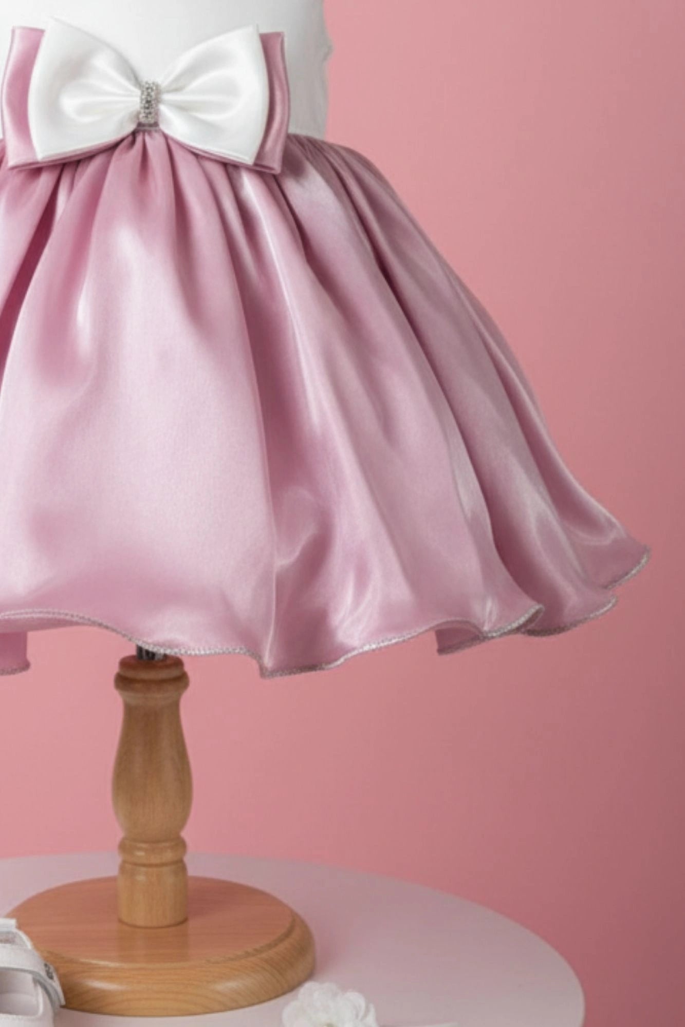 White & Pink Satin Party Frock with Pearl Neckline and Bow Accent For Girls