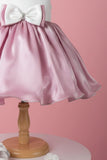White & Pink Satin Party Frock with Pearl Neckline and Bow Accent For Girls