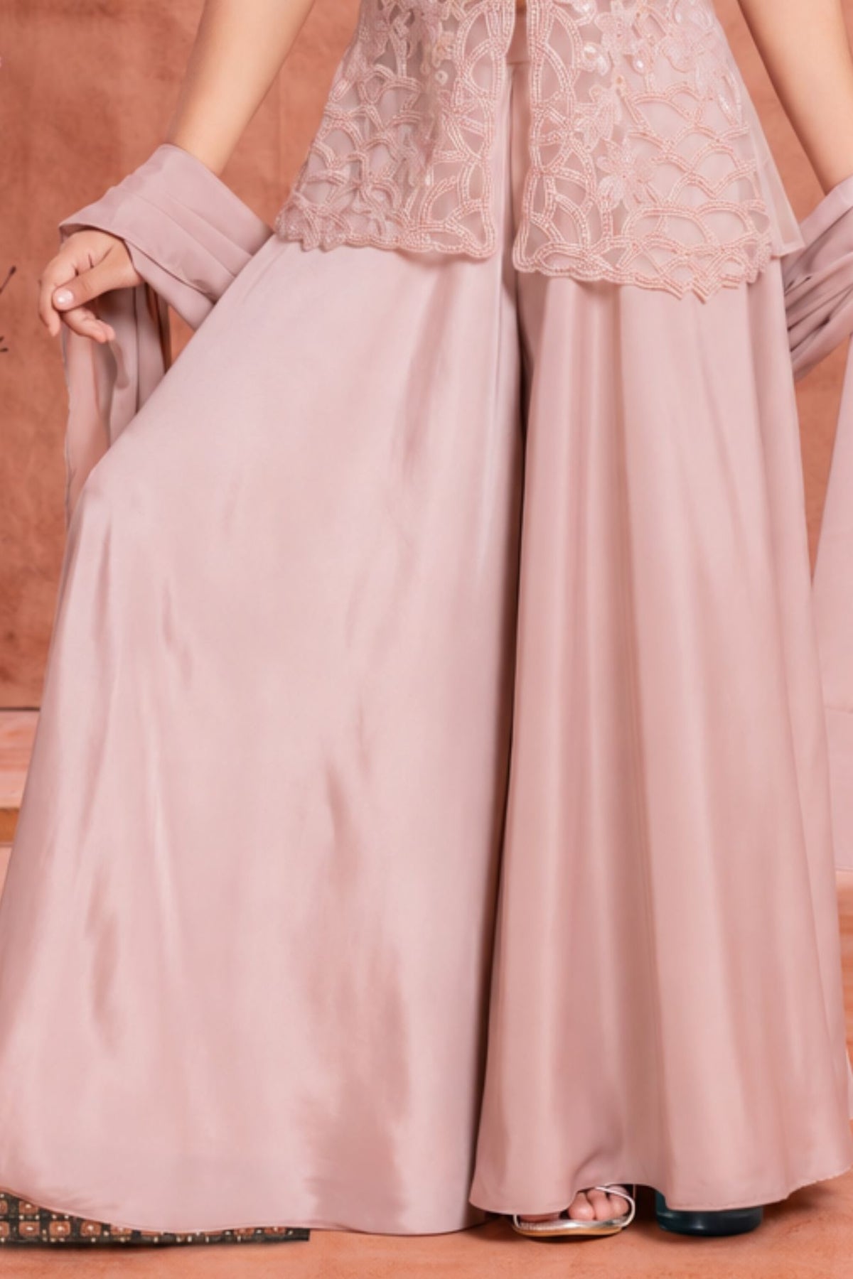 Girls Blush Pink Bead And Sequin Embellished Palazzo Set with Dupatta