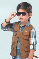 Brown Overcoat With Blue checks Shirt And Pant Set For Boys