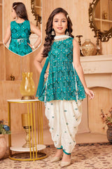 Green Mirror Work Kurti With Sequins And Zari Embroidered Dhoti Set For Girls