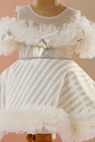White Ruffled Frock With Golden Stripes For Girls