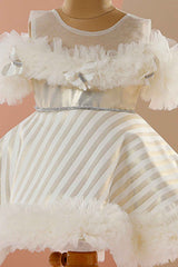 White Ruffled Frock With Golden Stripes For Girls