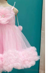 Pink Ruffle Frock With Floral Embellished For Girls