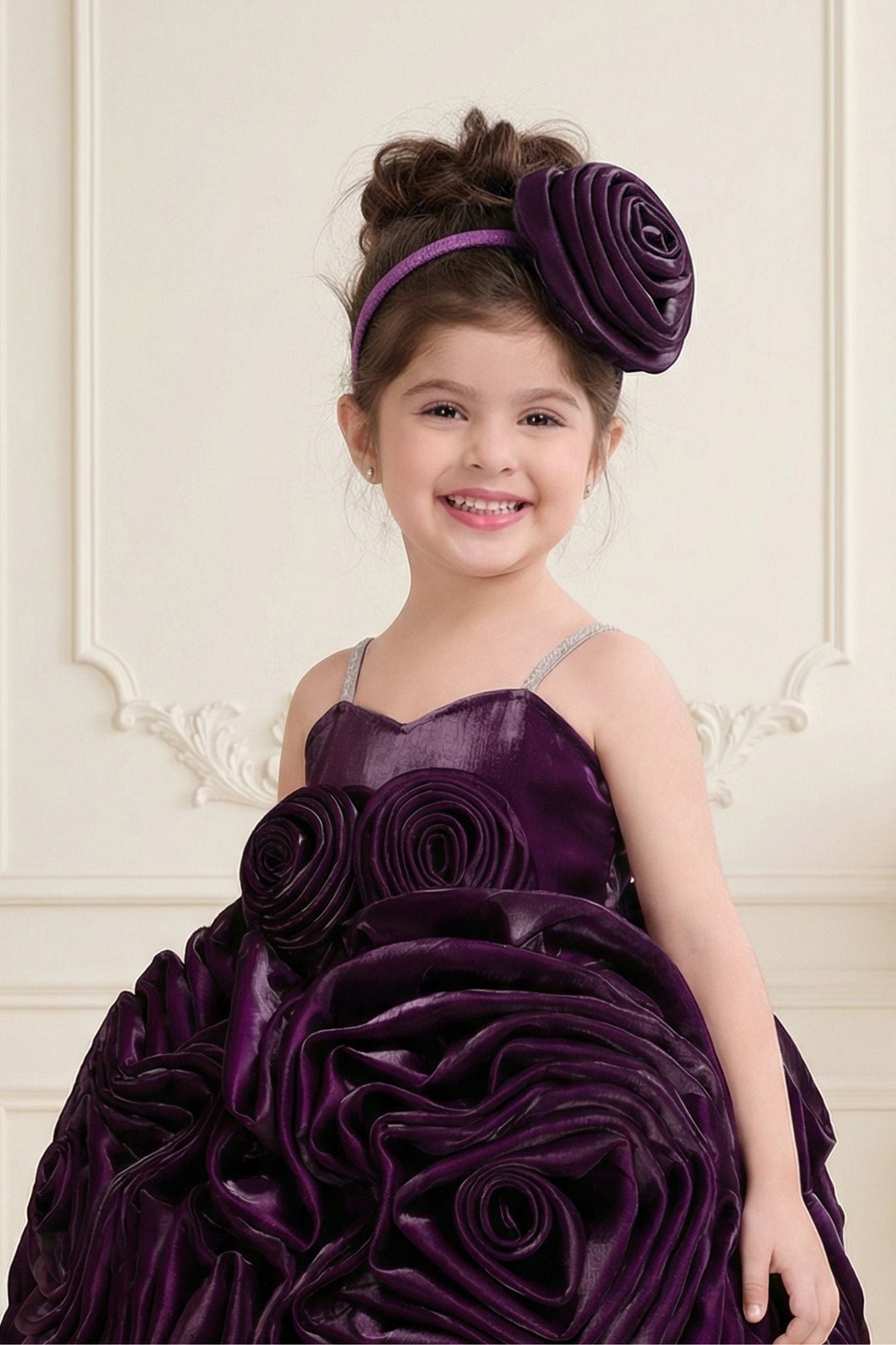 Wine 3D Rosette Appliqué Party Wear  Frock For Girls