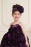 Wine 3D Rosette Appliqué Party Wear  Frock For Girls