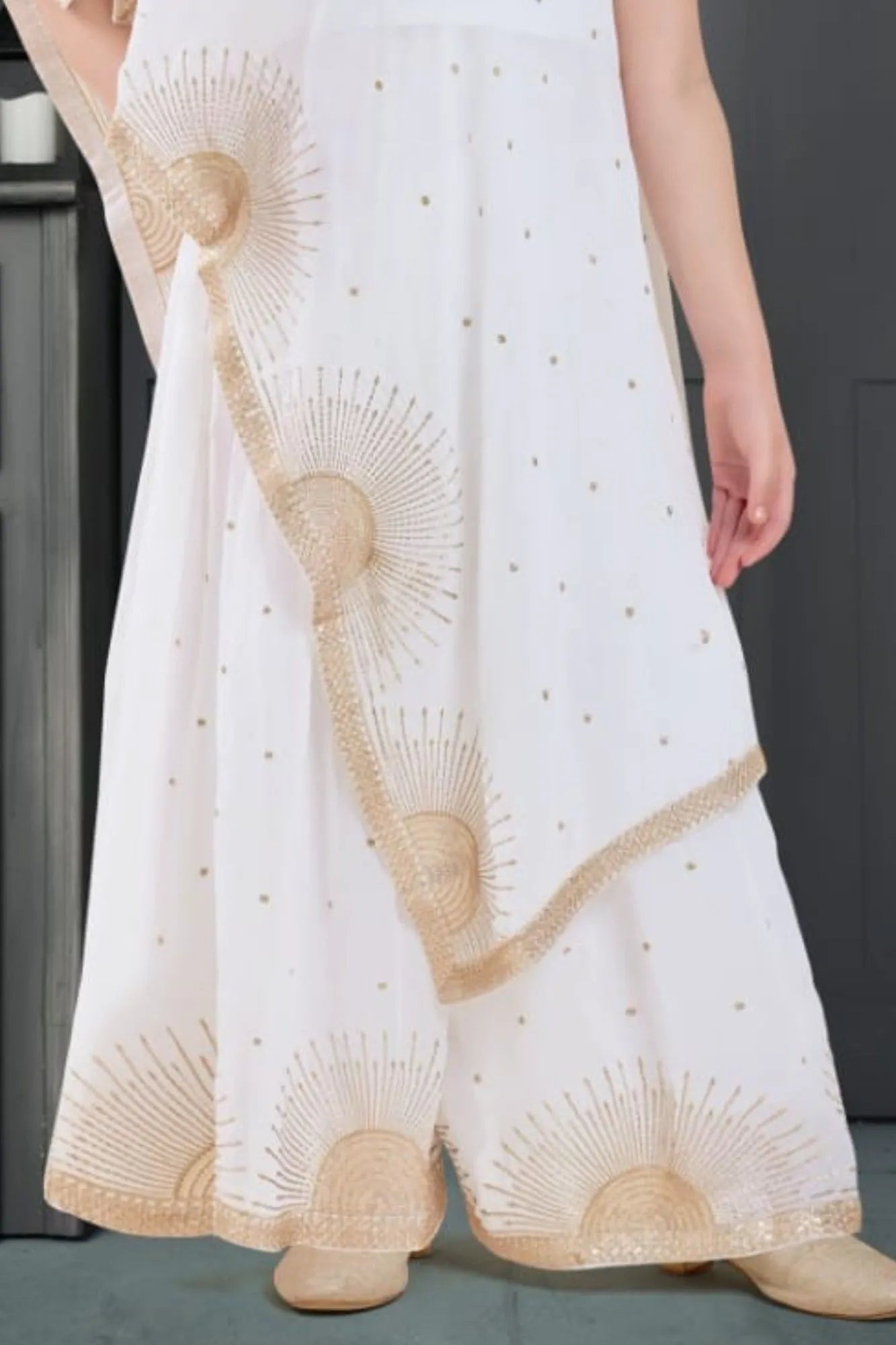 Designer Cream Embellished One-Shoulder Palazzo Set For Girls