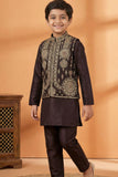 Wine Embroidered Kurta Set with Nehru Jacket For Boys