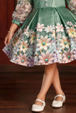 Olive Green Floral Printed And Floral Embellishment Frock For Girls