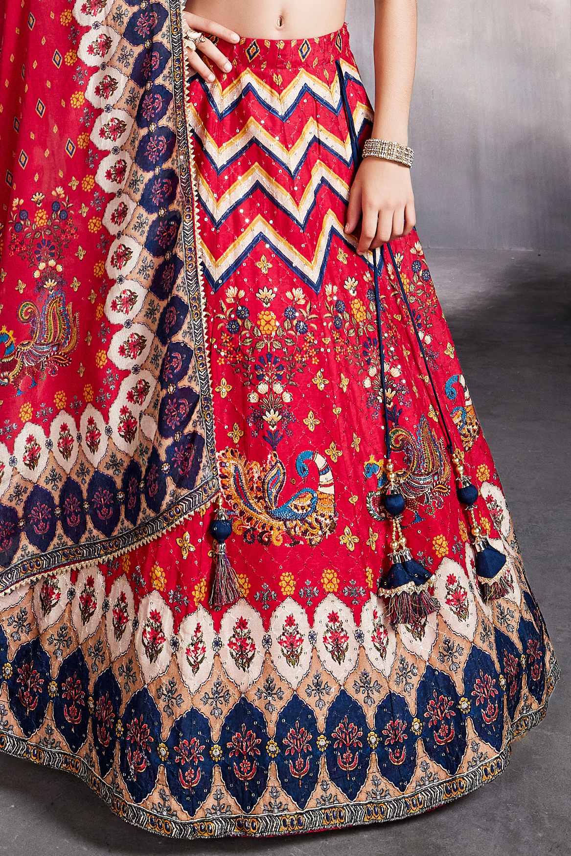 Red And Navy Sequins Work And Zari Embroidered Lehenga Choli For Girls