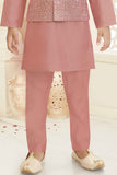 Onion Pink Kurta Set With Sequins Embroidered Waistcoat For Boys