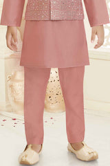 Onion Pink Kurta Set With Sequins Embroidered Waistcoat For Boys