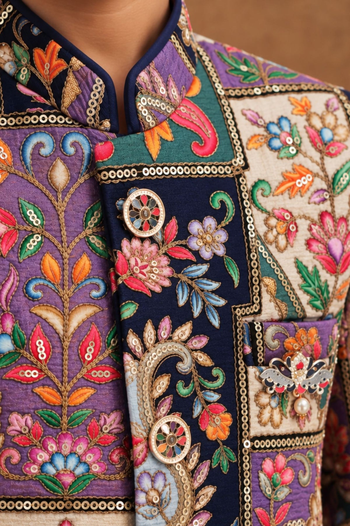 Multicolor Sequin Embroidered Sherwani Set with Tailored Pants For Boys
