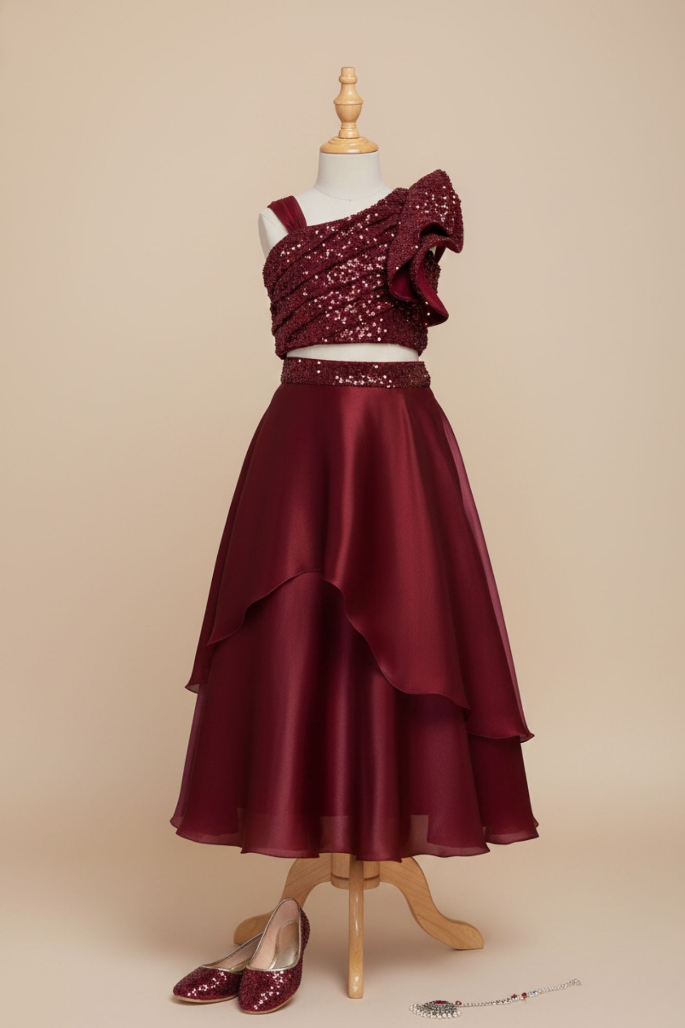 Maroon Organza Lehenga Choli And Dupatta For Girls
