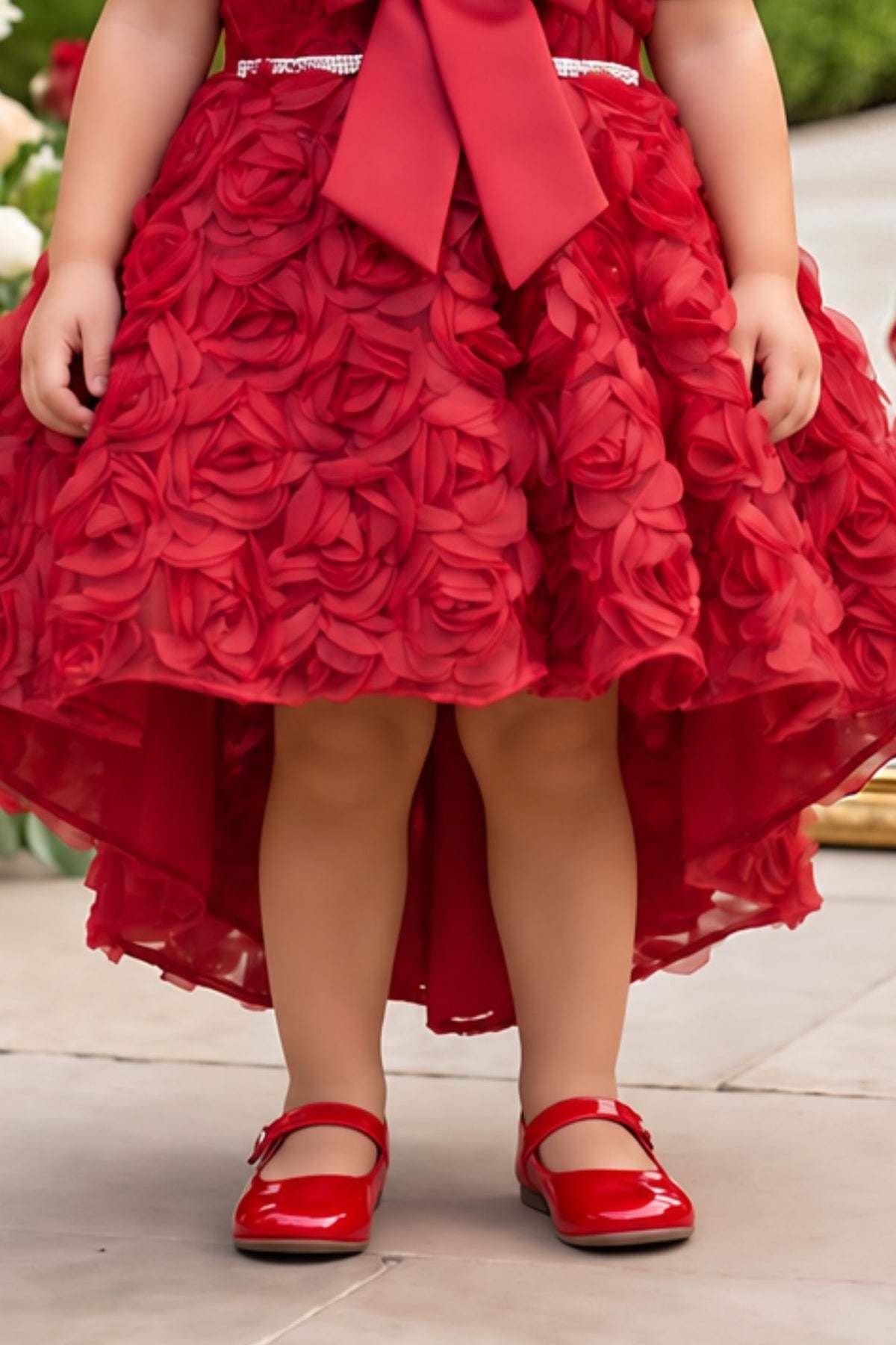 Girls Red 3D Floral Net High-Low Party Frock With Statement Bow