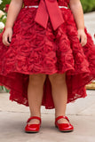Girls Red 3D Floral Net High-Low Party Frock With Statement Bow