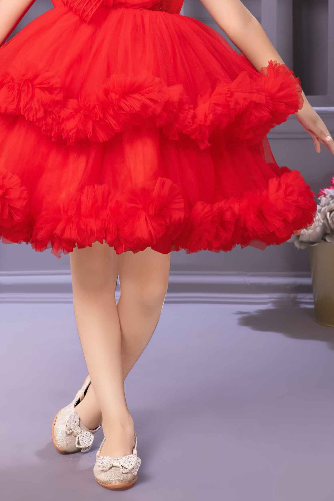 Red Ruffled Flower Party Frock For Girls
