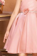 Peach Satin Frock With Floral Embellishment For Girls