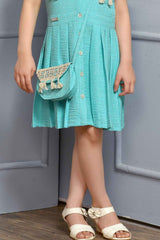 Blue Thread Work Casual Dress With Sling Bag For Girls