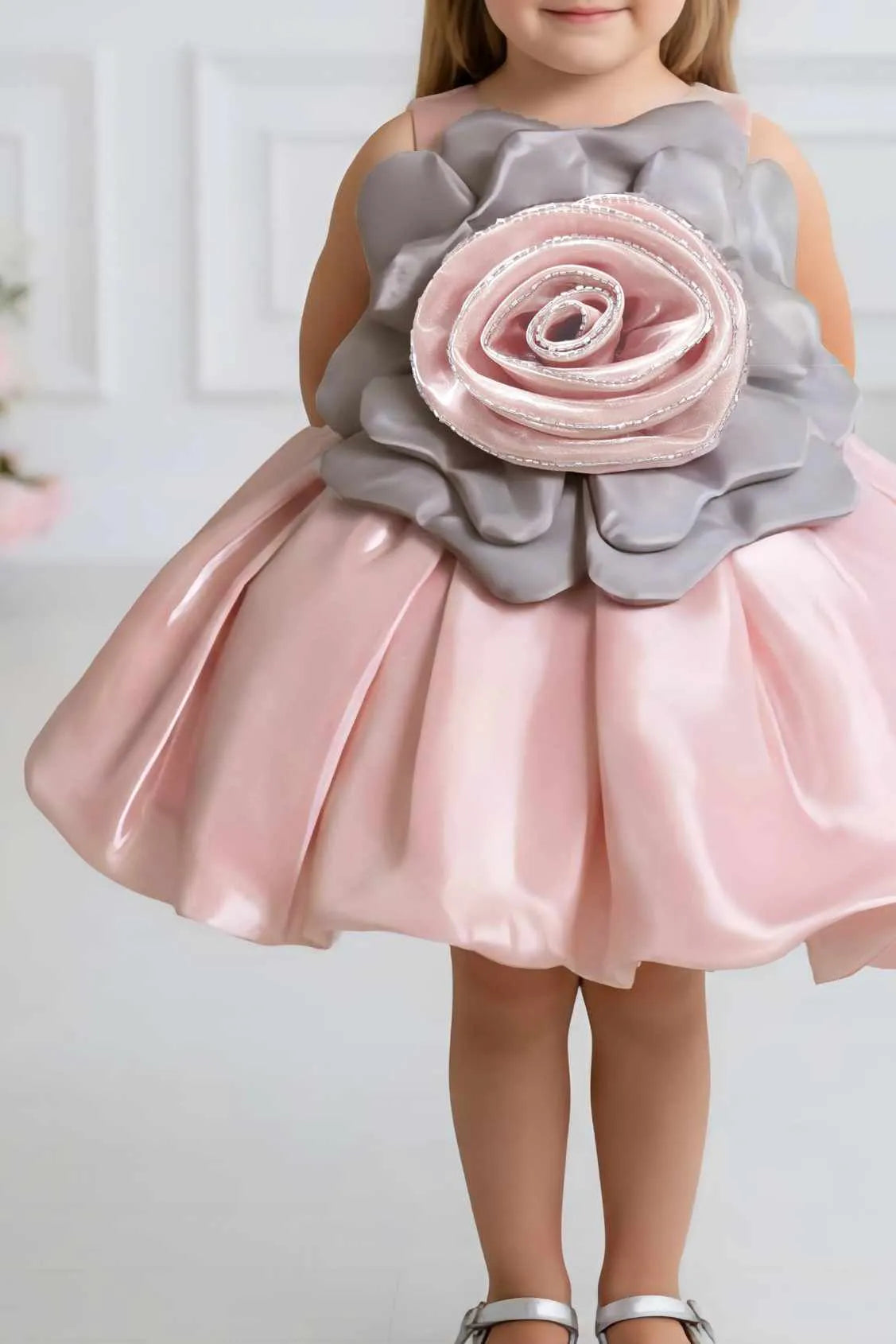 Peach And Grey Rosette Party Frock For Girls