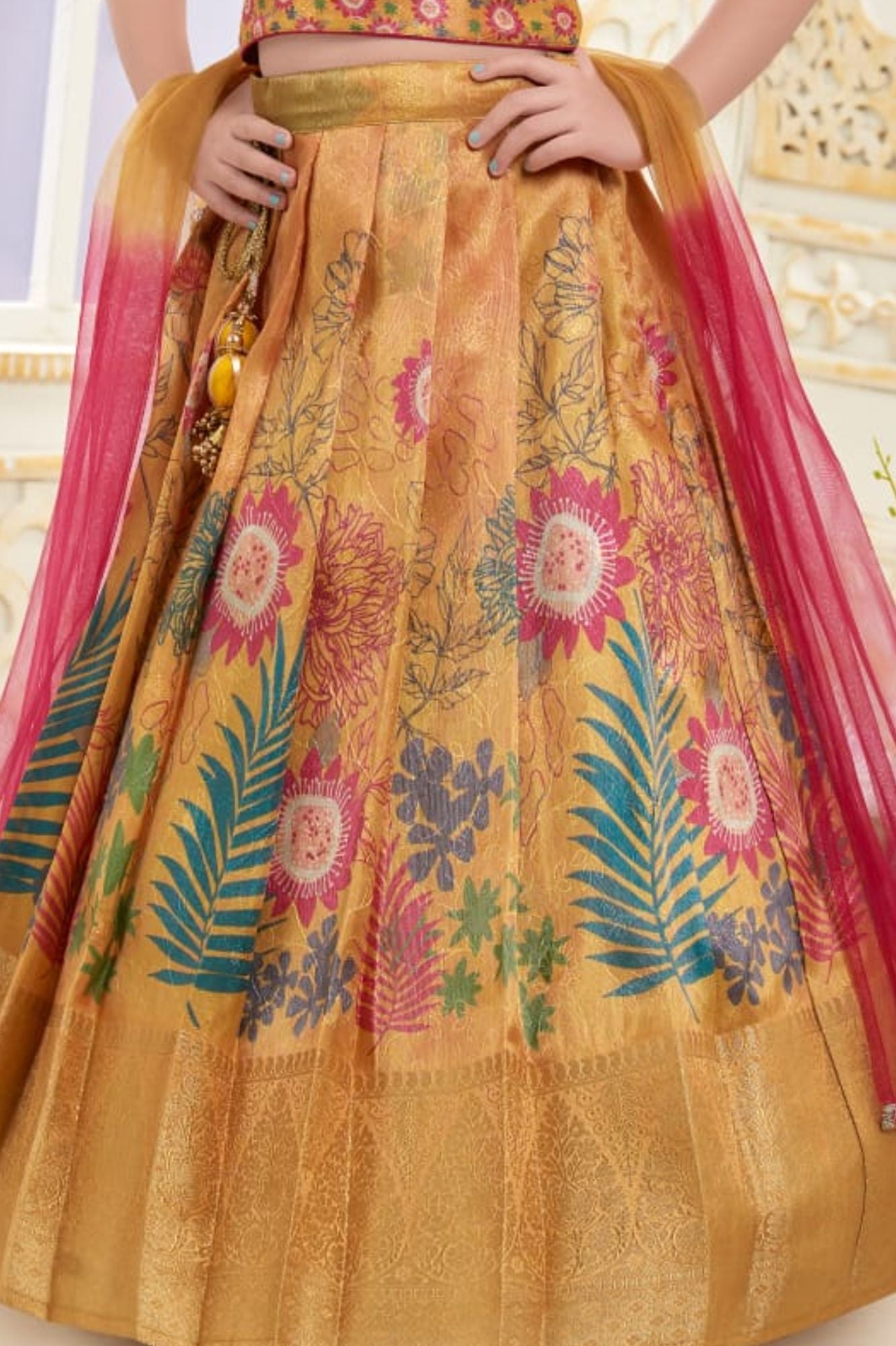 Golden Yellow With Multicolor Floral Motif Lehenga Choli Set for Girls